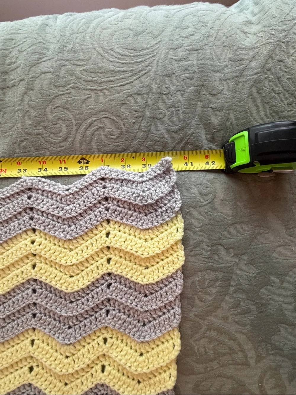 Hand Crocheted Yellow Grey Chevron Ripple Afghan Baby Blanket Throw 40x46